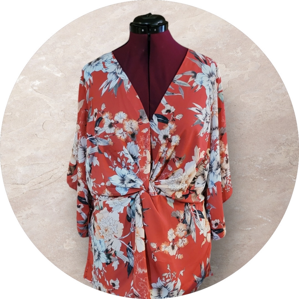 City Chic, faux wrap, flared sleeves, orange with floral design, Macy's, NWT